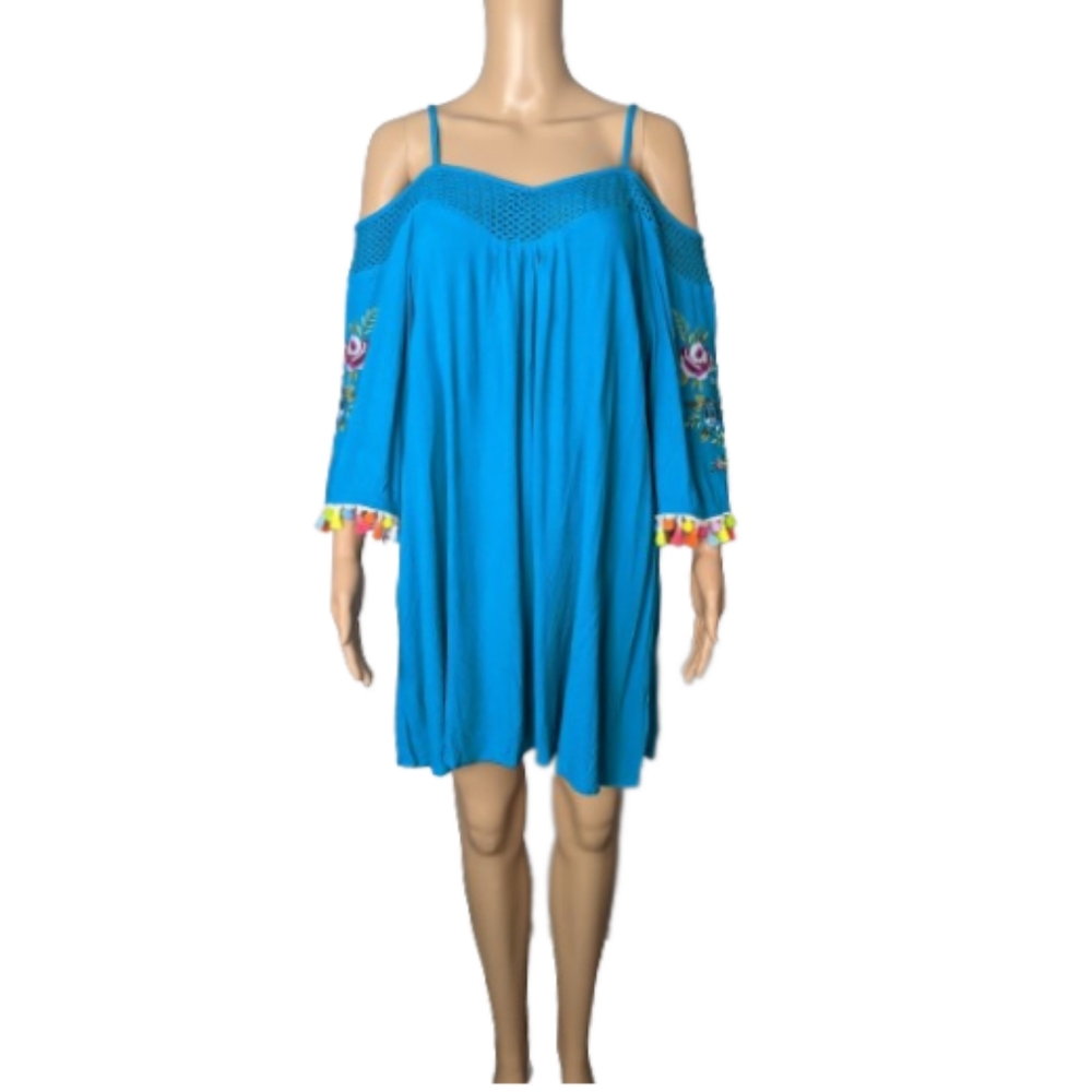 Umgee Jade Cold Shoulder Tassel Embroidered Dress M